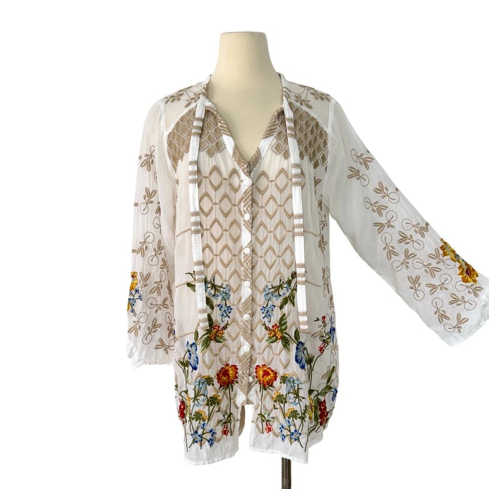 Johnny Was Luca Floral Embroidered Button-Down Tunic Shirt Blouse Top Sheer M